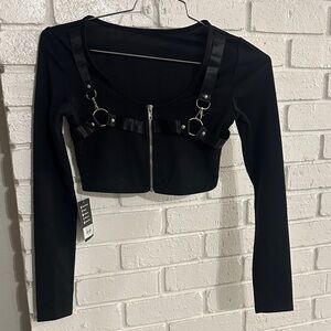 Ravel Black Long Sleeve Crop Top with Buckle Detail